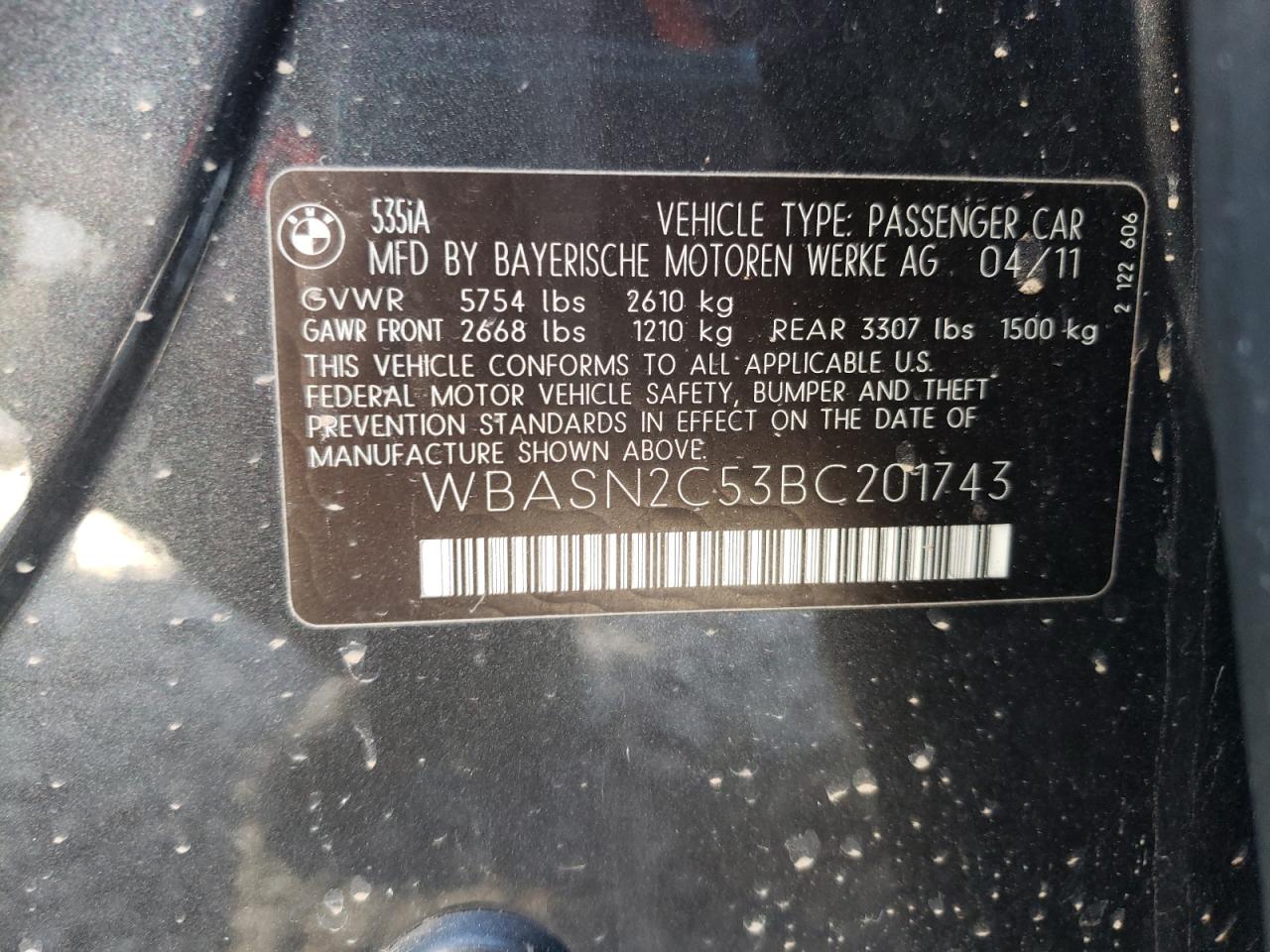 Photo 10 from auction – 2011 BMW 535 GT with VIN WBASN2C53BC201743