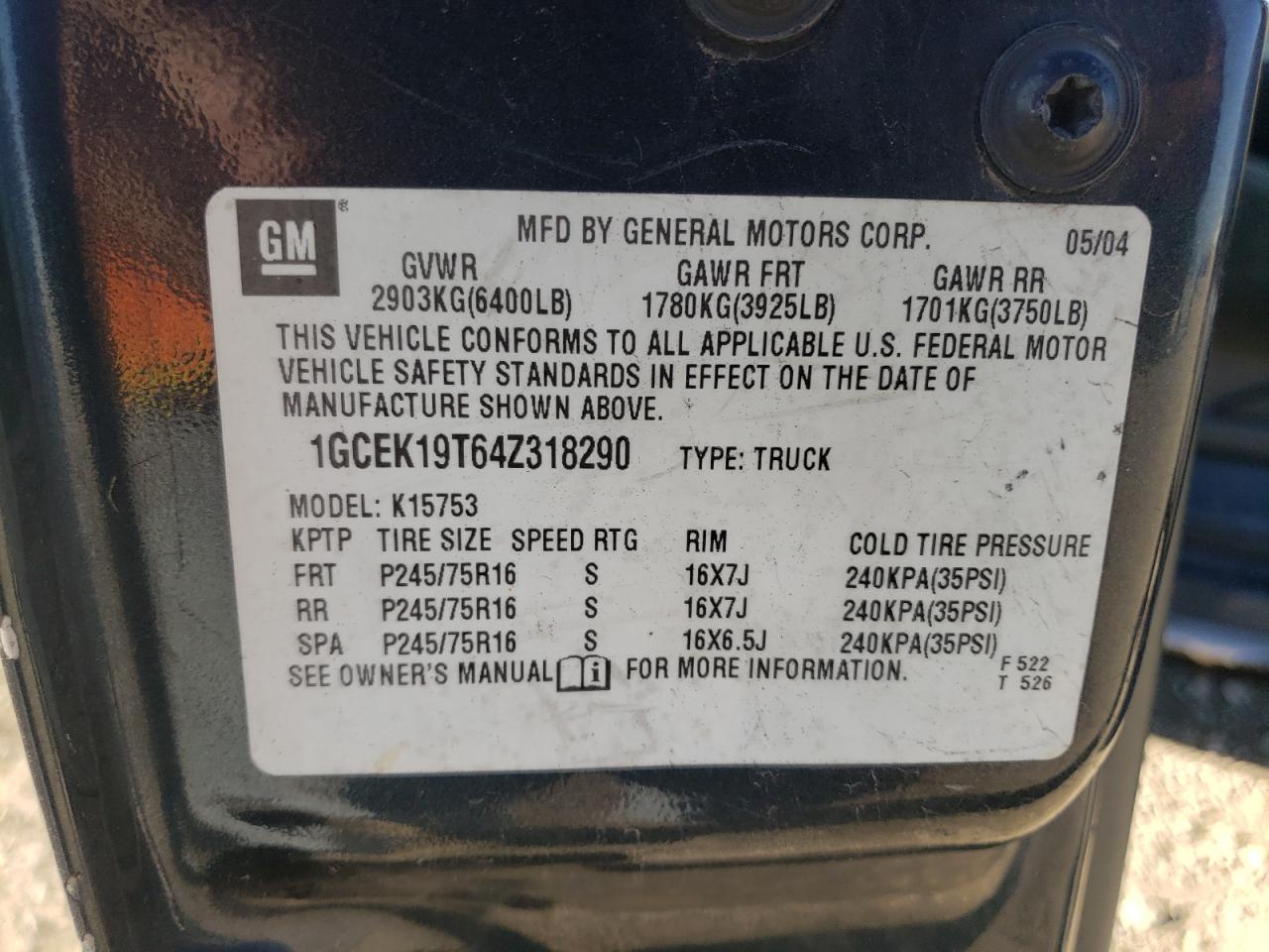 Photo 10 from auction – 2004 CHEVROLET SILVERADO with VIN 1GCEK19T64Z318290
