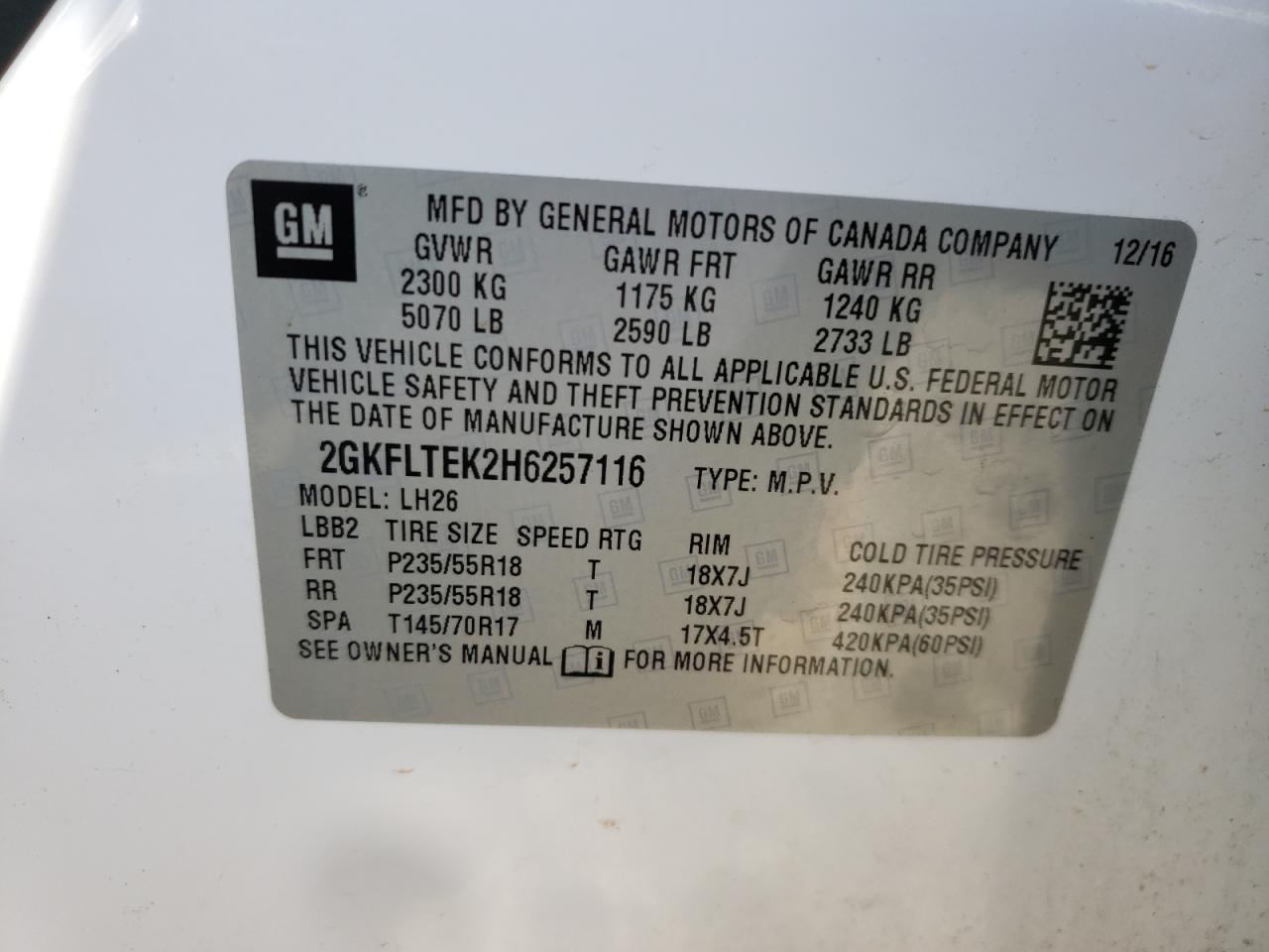 Photo 10 from auction – 2017 GMC TERRAIN SL with VIN 2GKFLTEK2H6257116