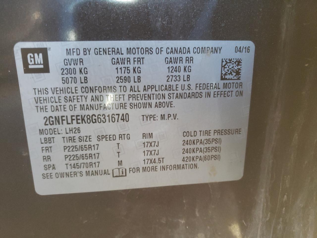 Photo 10 from auction – 2016 CHEVROLET EQUINOX LT with VIN 2GNFLFEK8G6316740