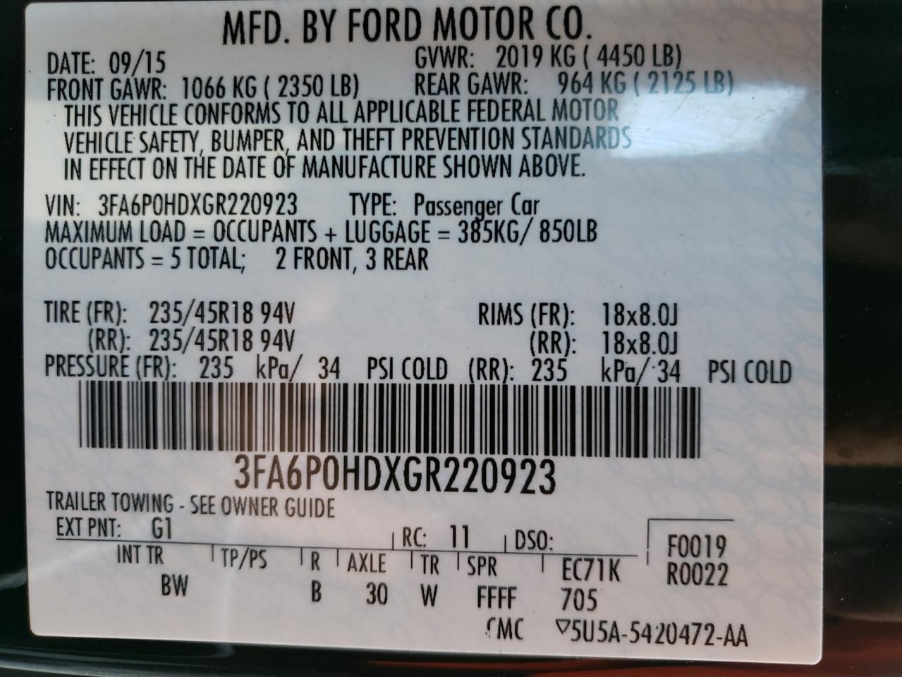 Photo 10 from auction – 2016 FORD FUSION SE with VIN 3FA6P0HDXGR220923