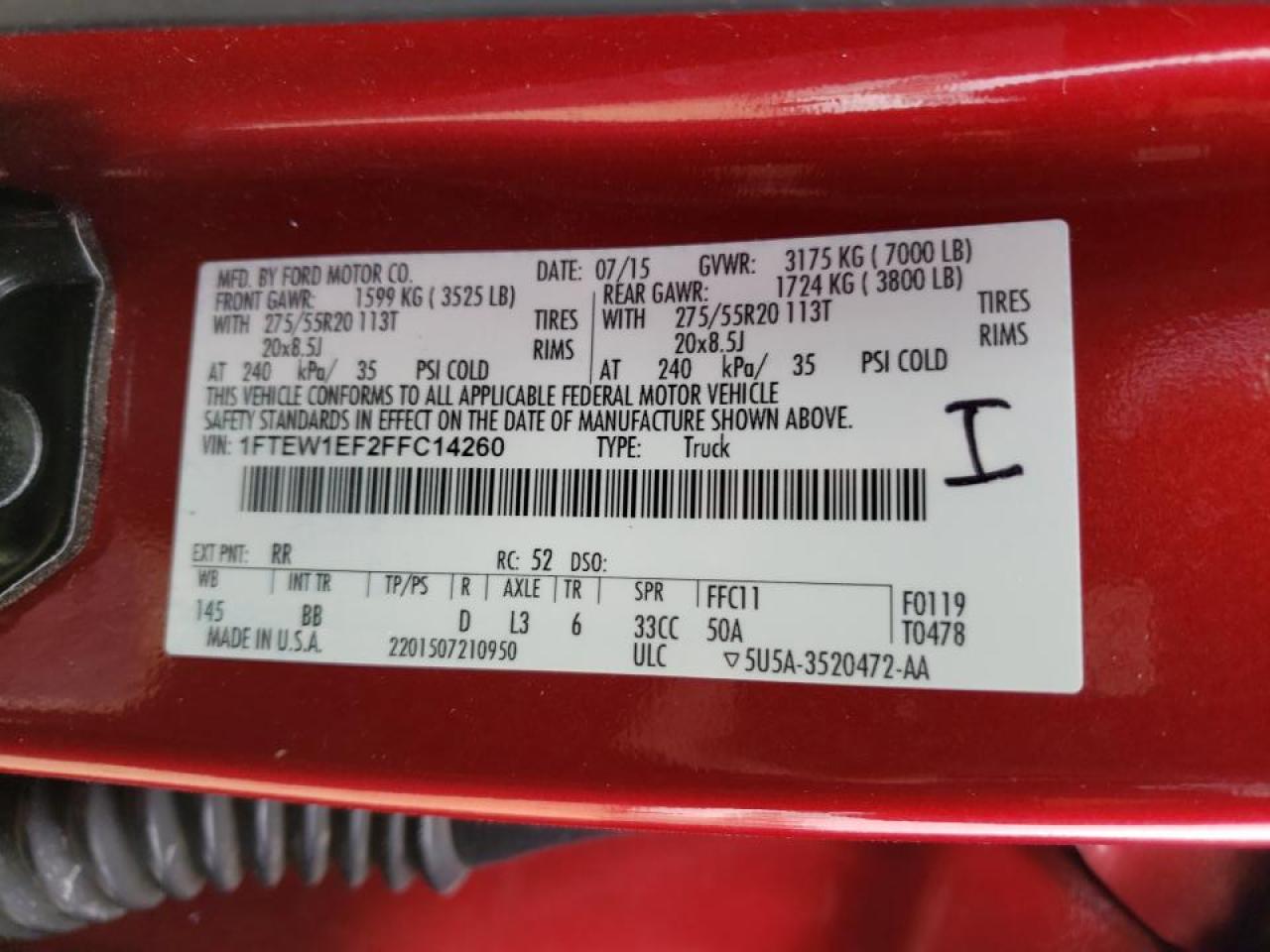 Photo 10 from auction – 2015 FORD F150 SUPER with VIN 1FTEW1EF2FFC14260