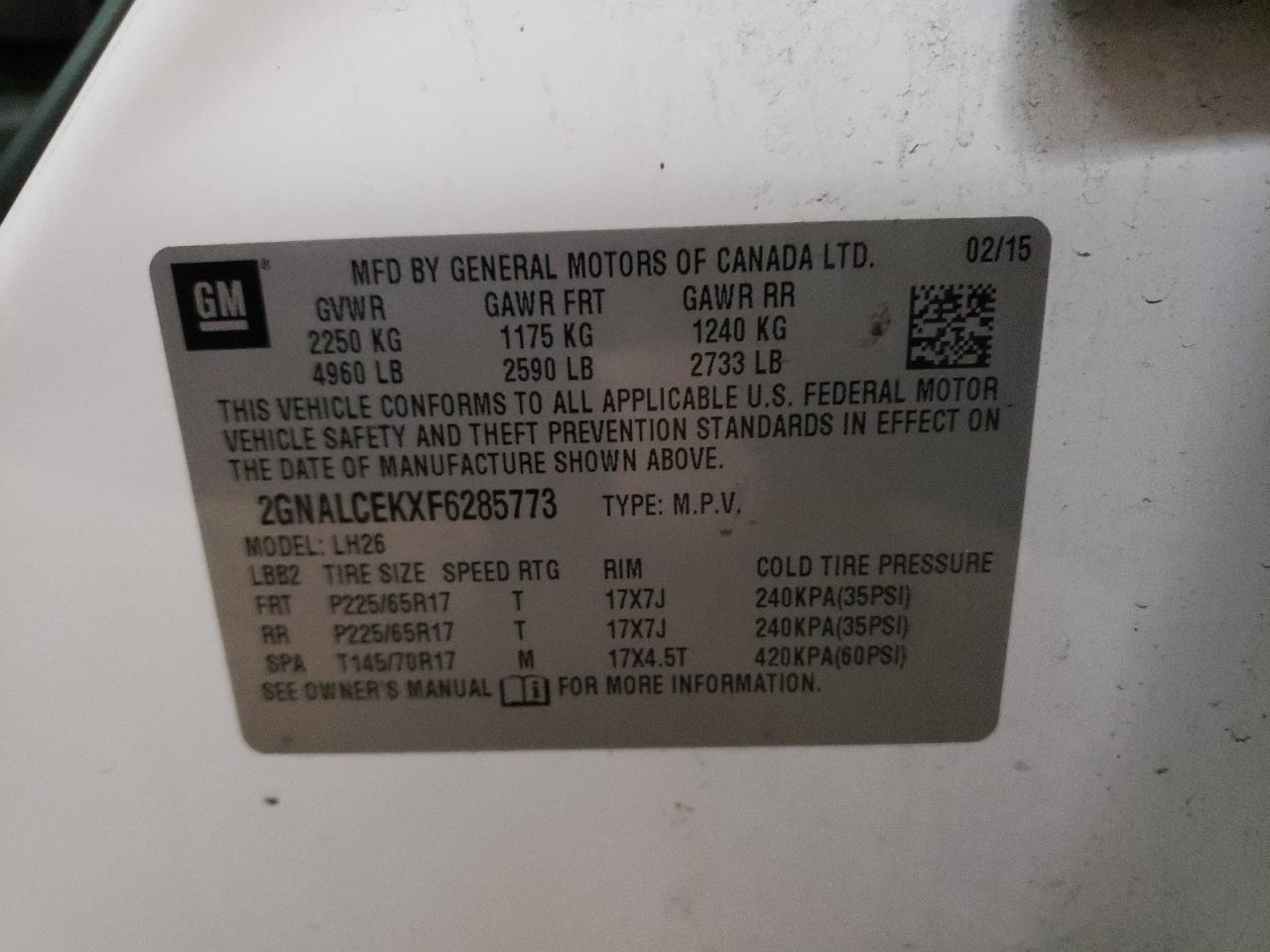 Photo 10 from auction – 2015 CHEVROLET EQUINOX LT with VIN 2GNALCEKXF6285773