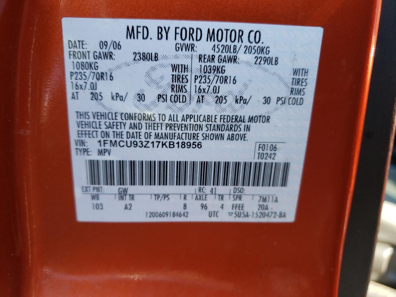 Photo 10 from auction – 2007 FORD ESCAPE with VIN 1FMCU93Z17KB18956