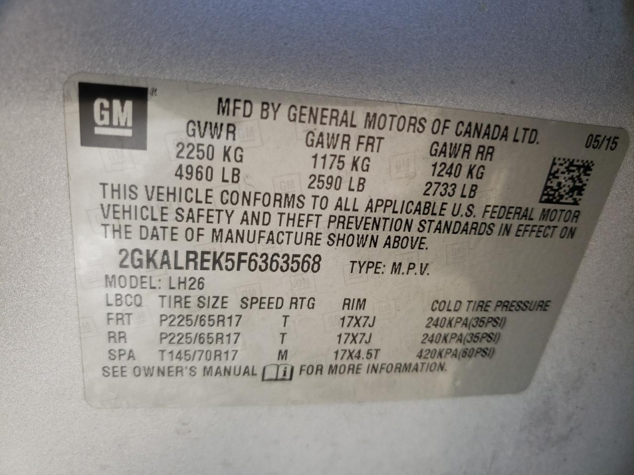 Photo 10 from auction – 2015 GMC TERRAIN SL with VIN 2GKALREK5F6363568