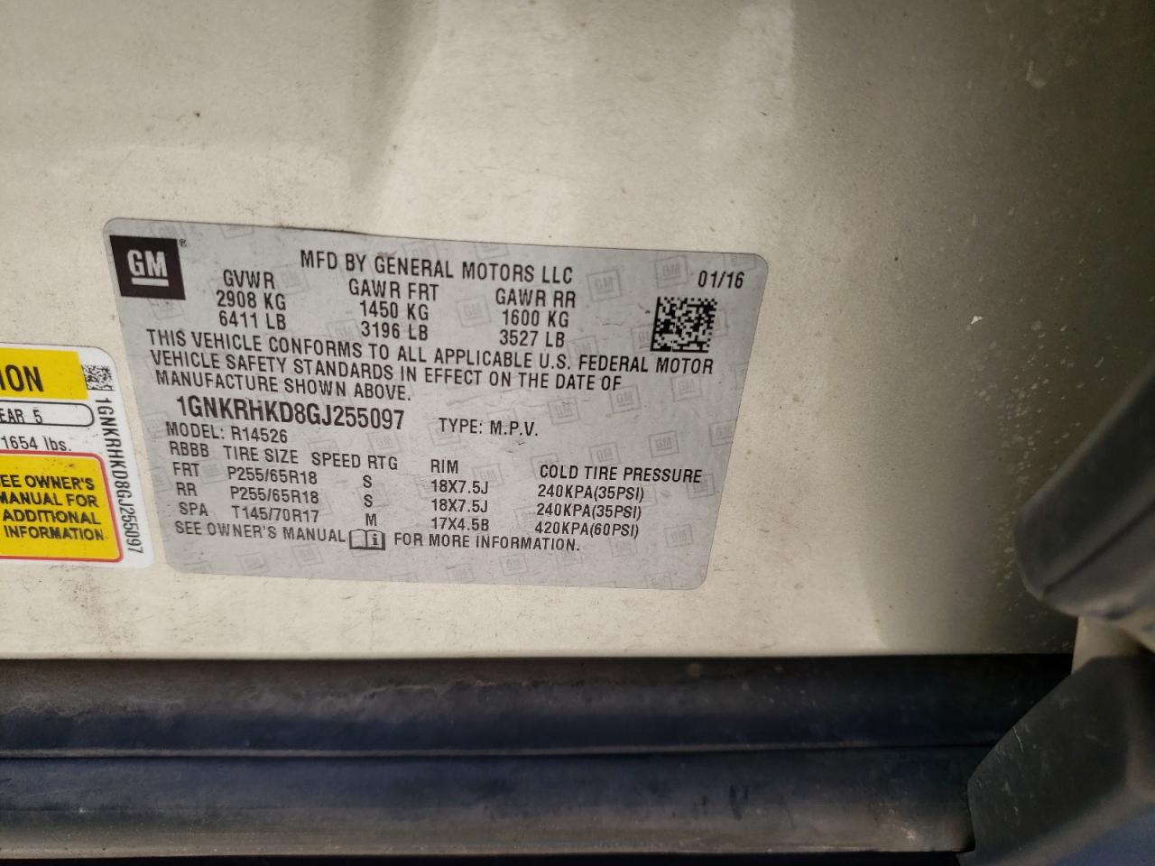 Photo 10 from auction – 2016 CHEVROLET TRAVERSE L with VIN 1GNKRHKD8GJ255097