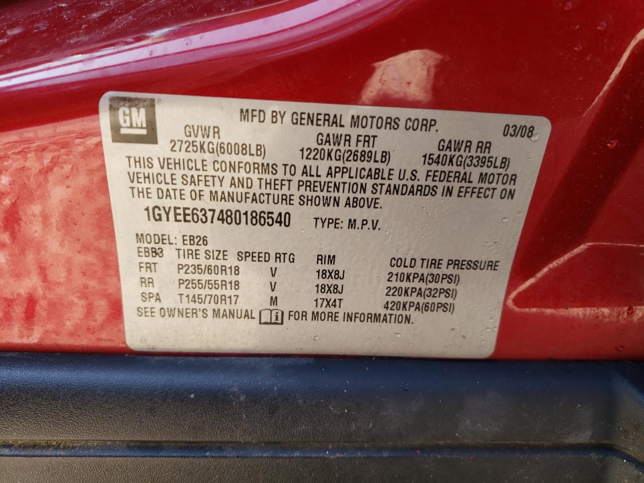 Photo 10 from auction – 2008 CADILLAC SRX with VIN 1GYEE637480186540
