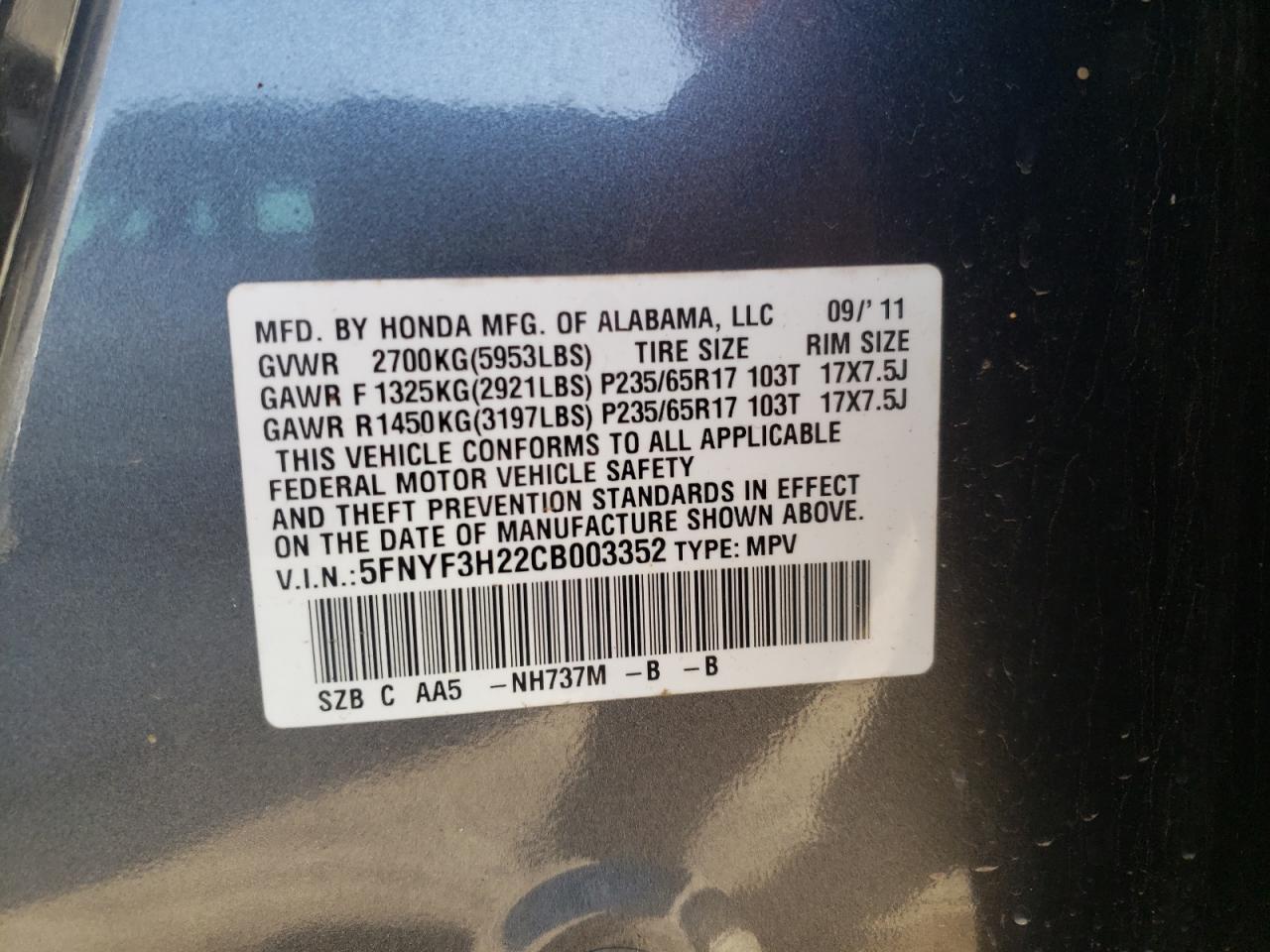 Photo 10 from auction – 2012 HONDA PILOT LX with VIN 5FNYF3H22CB003352