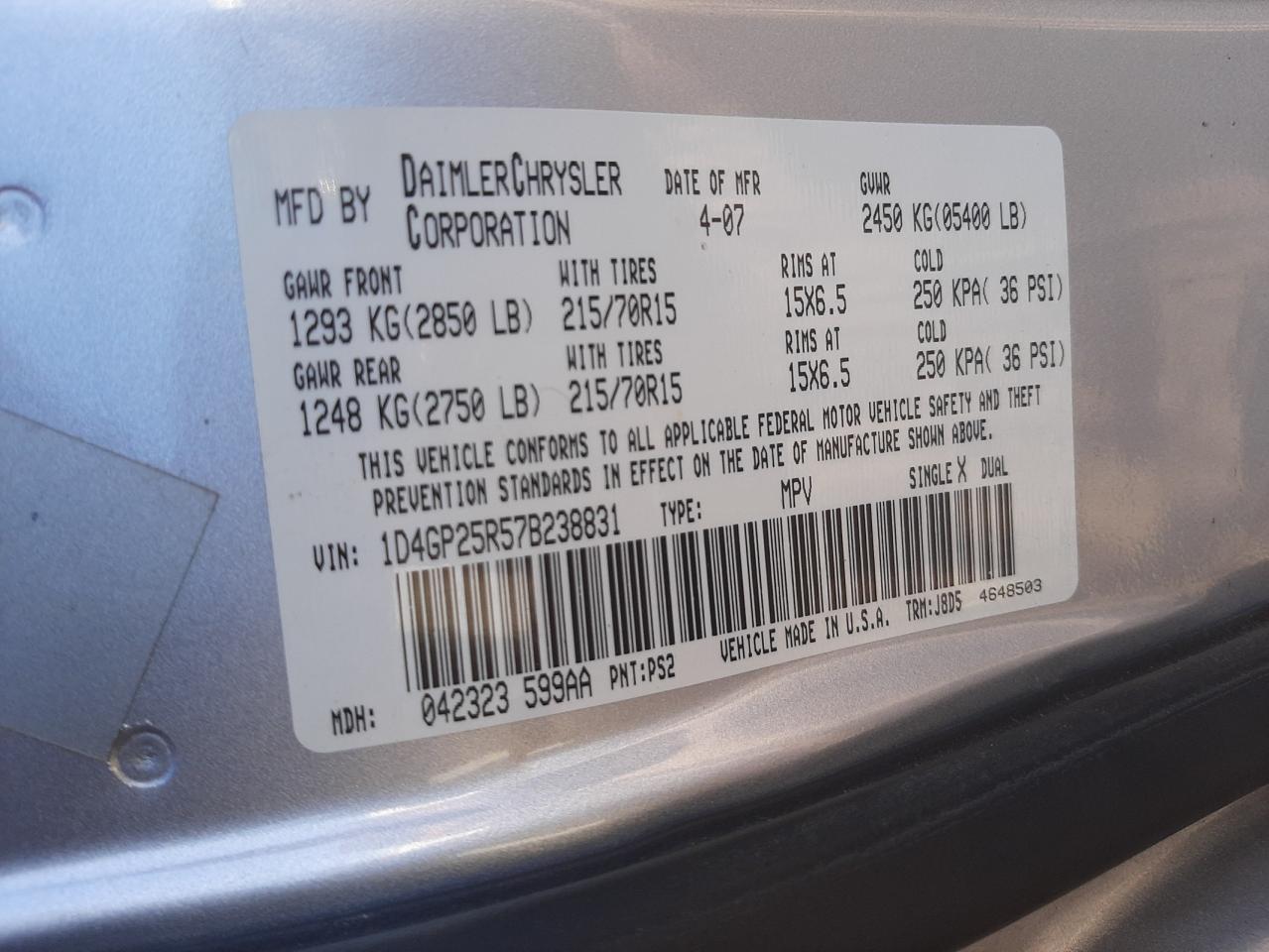 Photo 10 from auction – 2007 DODGE CARAVAN SE with VIN 1D4GP25R57B238831
