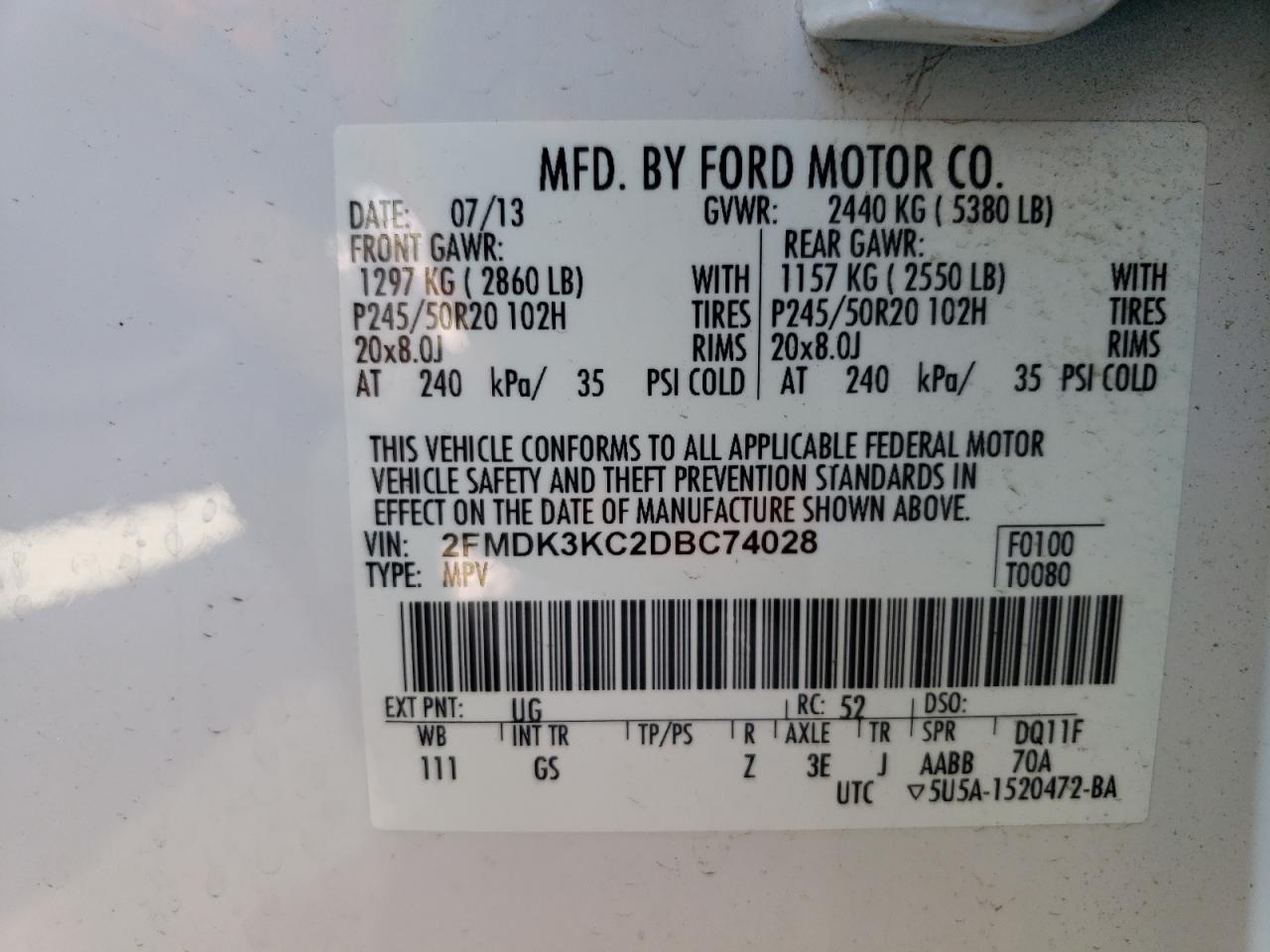 Photo 10 from auction – 2013 FORD EDGE LIMIT with VIN 2FMDK3KC2DBC74028
