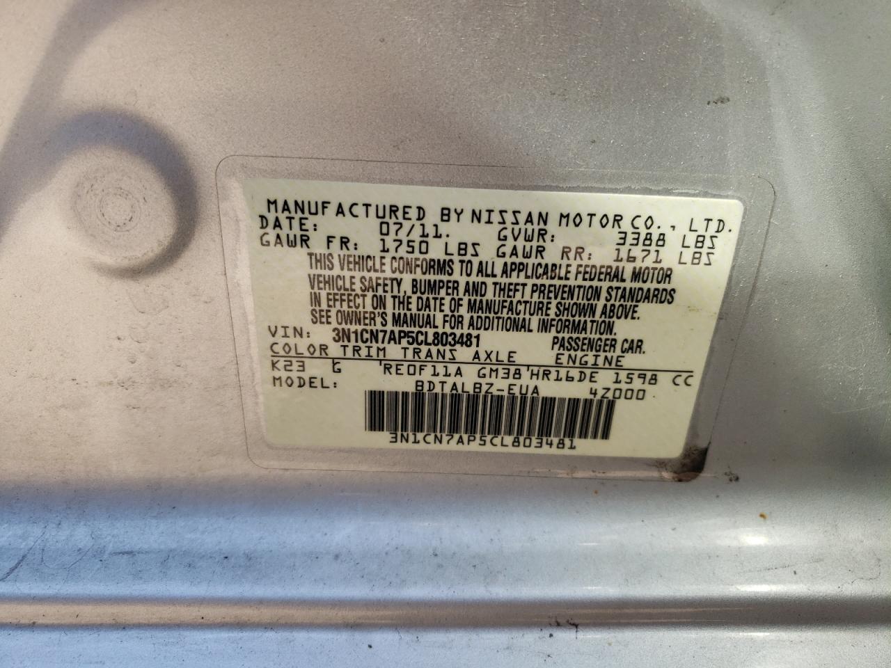 Photo 10 from auction – 2012 NISSAN VERSA S with VIN 3N1CN7AP5CL803481