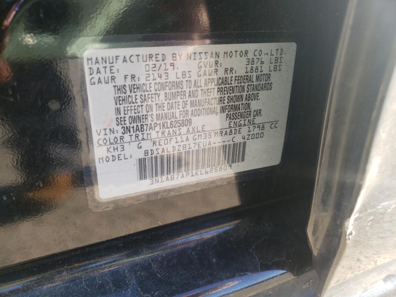 Photo 10 from auction – 2019 NISSAN SENTRA S with VIN 3N1AB7AP1KL625809
