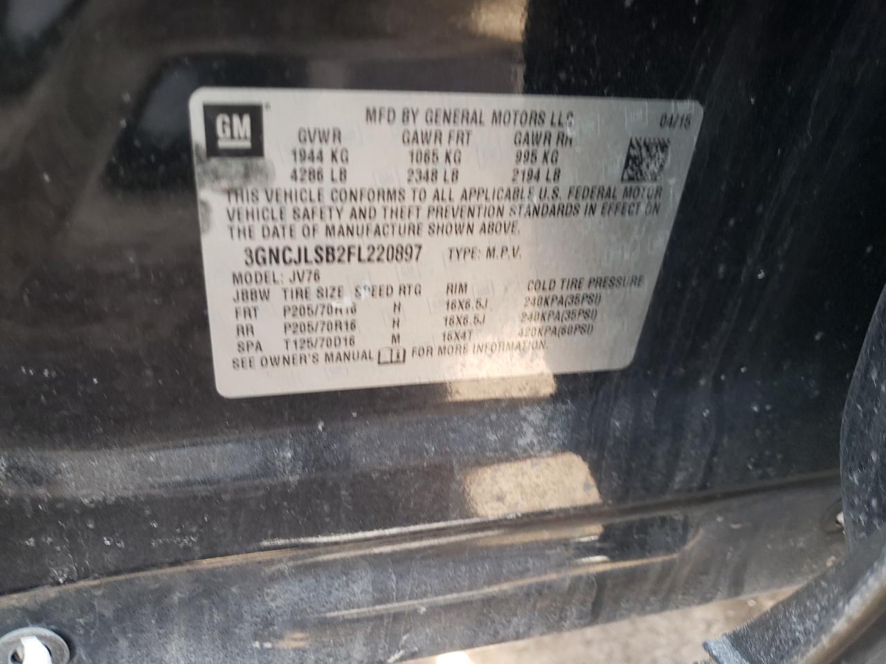 Photo 10 from auction – 2015 CHEVROLET TRAX 1LT with VIN 3GNCJLSB2FL220897