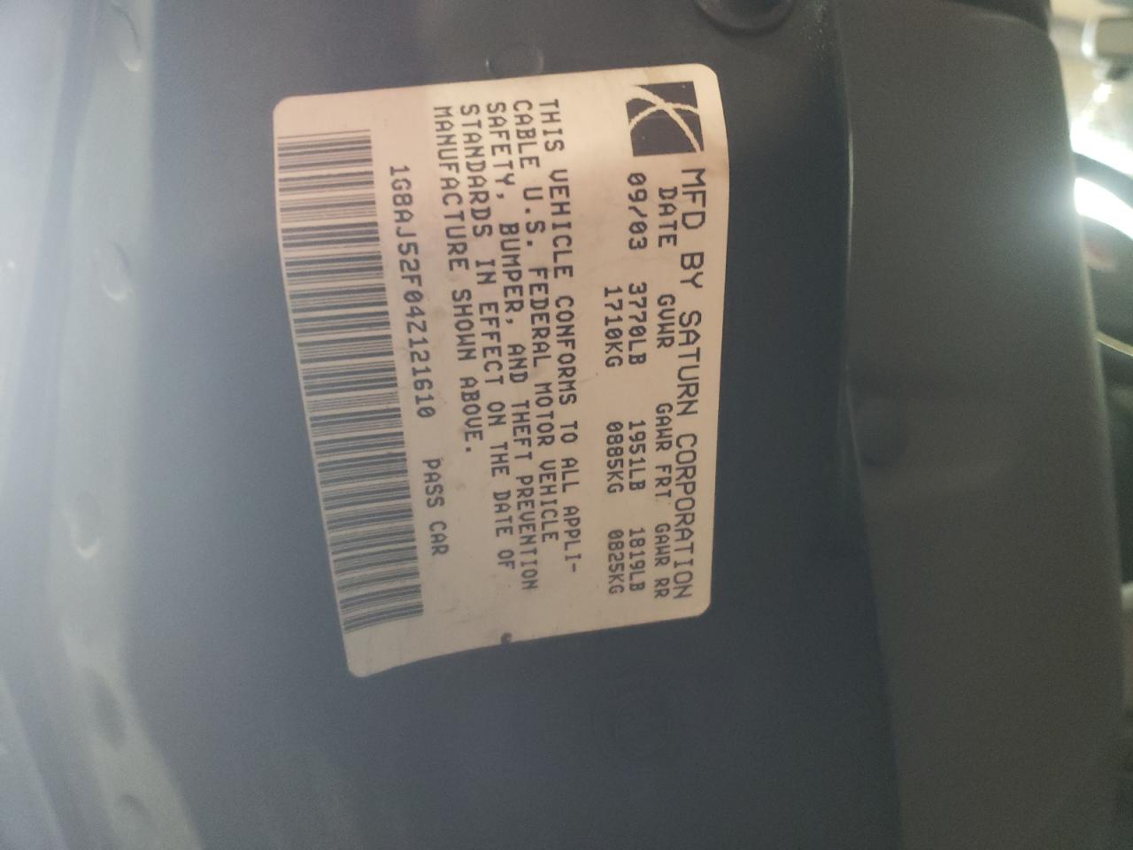 Photo 10 from auction – 2004 SATURN ION LEVEL with VIN 1G8AJ52F04Z121610