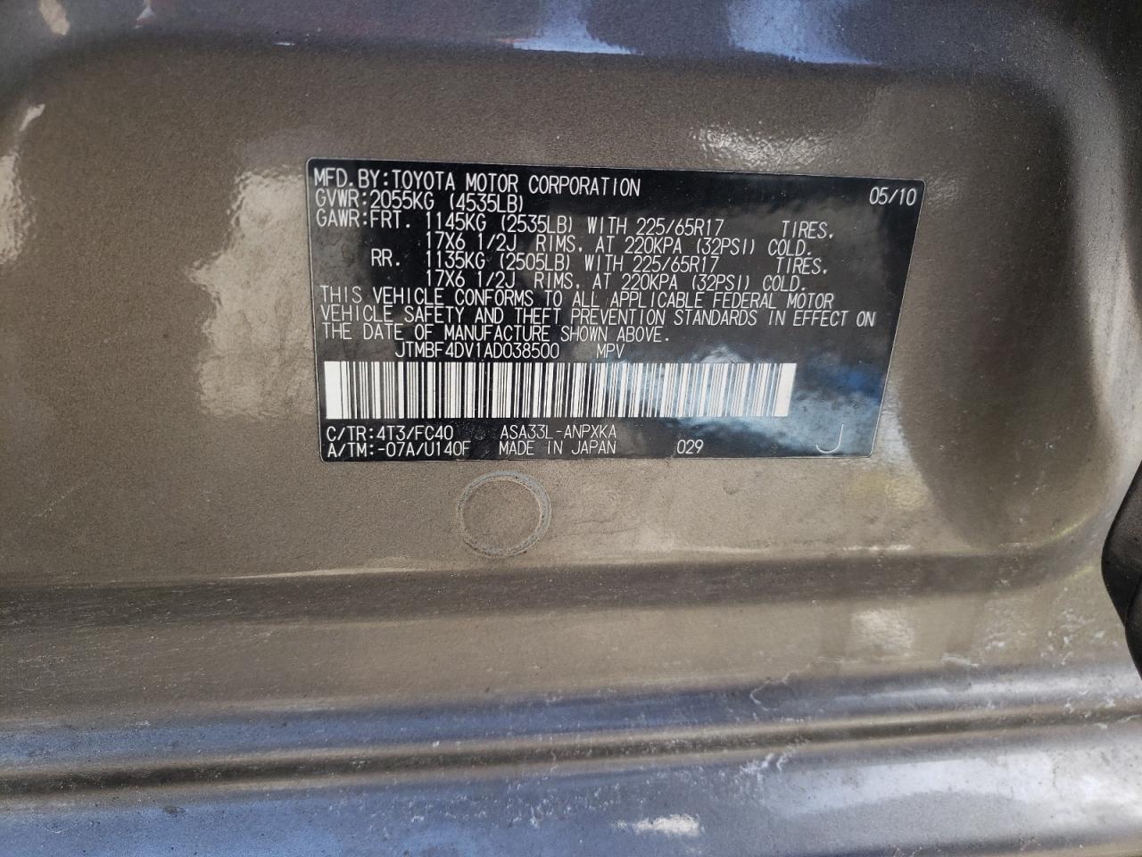 Photo 10 from auction – 2010 TOYOTA RAV4 with VIN JTMBF4DV1AD038500