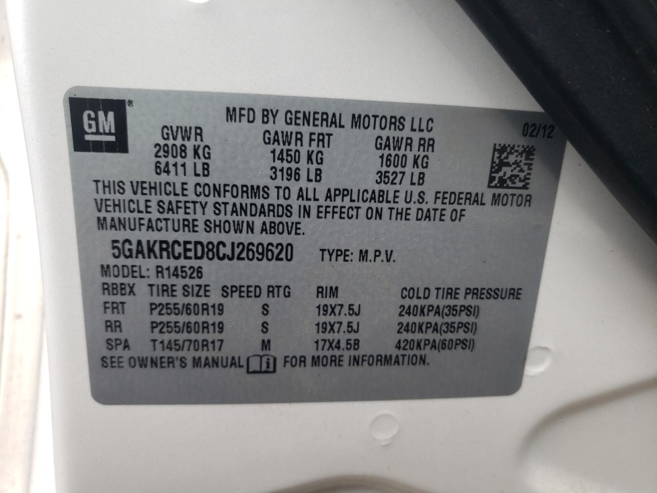 Photo 10 from auction – 2012 BUICK ENCLAVE with VIN 5GAKRCED8CJ269620