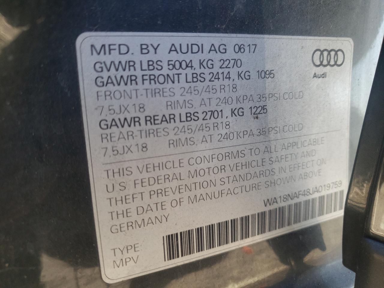 Photo 10 from auction – 2018 AUDI A4 ALLROAD with VIN WA18NAF48JA019759