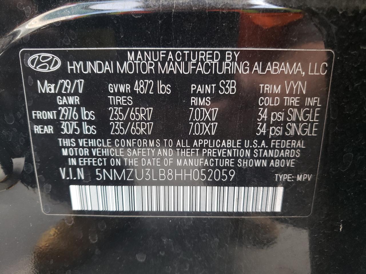 Photo 10 from auction – 2017 HYUNDAI SANTA FE S with VIN 5NMZU3LB8HH052059