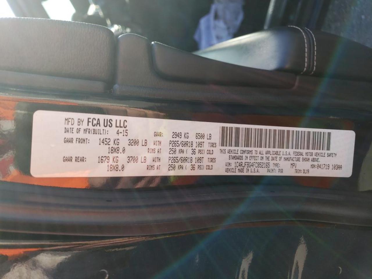 Photo 10 from auction – 2015 JEEP GRAND CHER with VIN 1C4RJFBG4FC852165