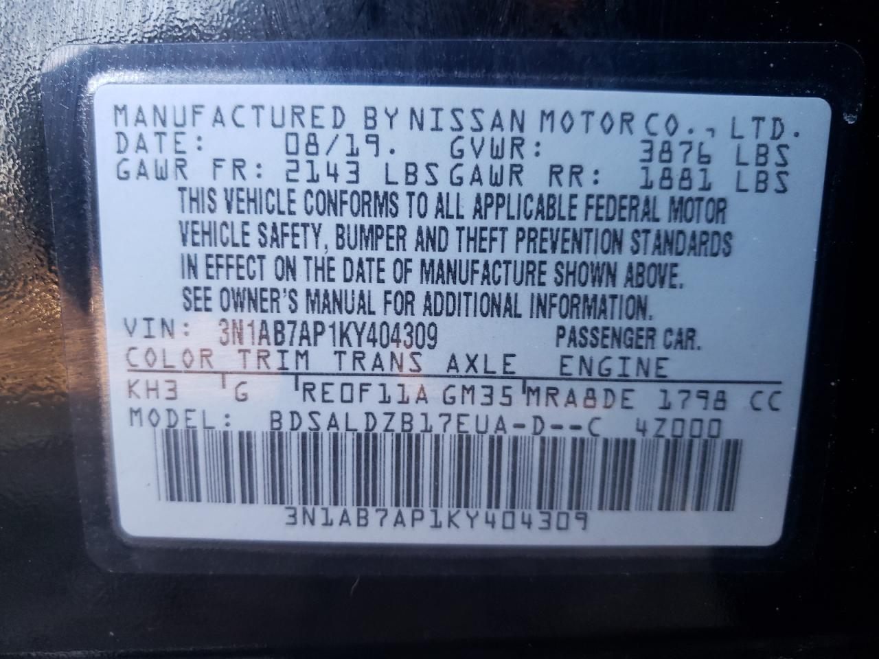 Photo 10 from auction – 2019 NISSAN SENTRA S with VIN 3N1AB7AP1KY404309