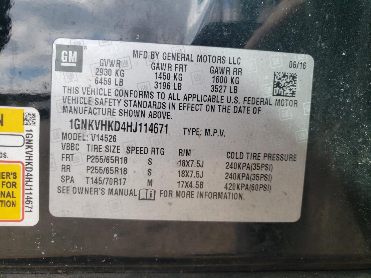 Photo 10 from auction – 2017 CHEVROLET TRAVERSE L with VIN 1GNKVHKD4HJ114671