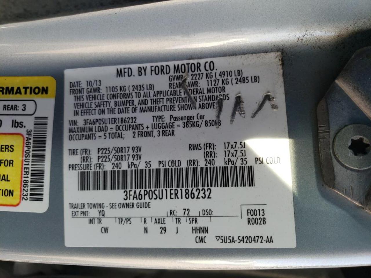 Photo 10 from auction – 2014 FORD FUSION TIT with VIN 3FA6P0SU1ER186232