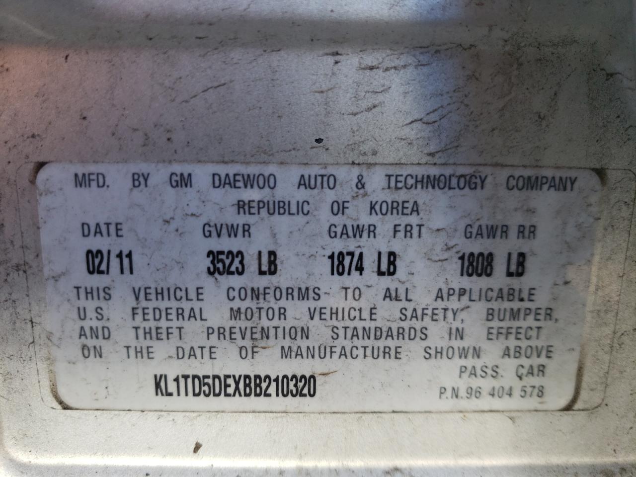 Photo 10 from auction – 2011 CHEVROLET AVEO LS with VIN KL1TD5DEXBB210320