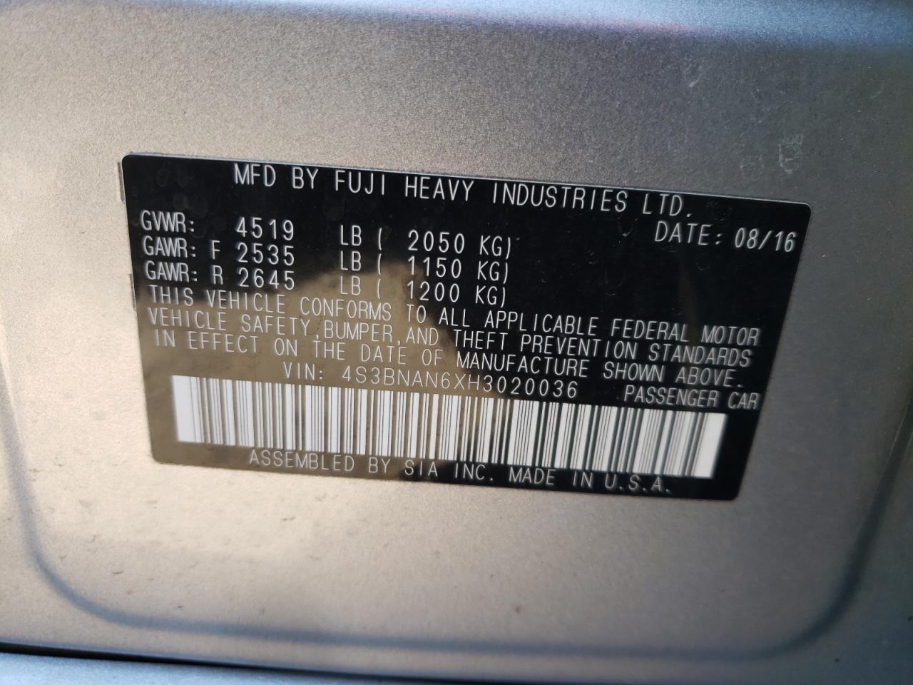 Photo 10 from auction – 2017 SUBARU LEGACY 2.5 with VIN 4S3BNAN6XH3020036