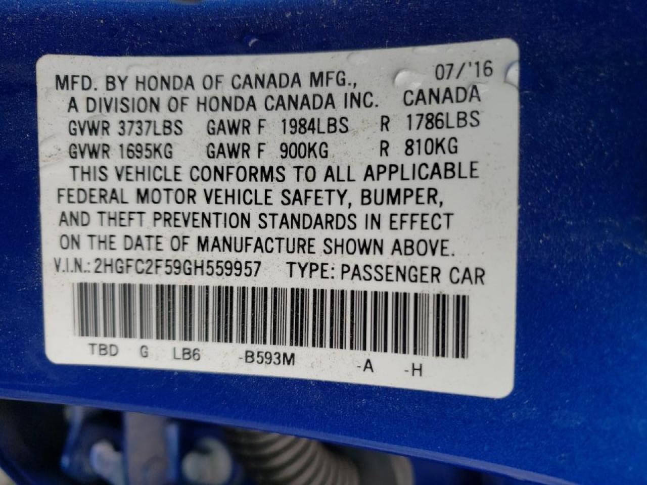 Photo 10 from auction – 2016 HONDA CIVIC LX with VIN 2HGFC2F59GH559957