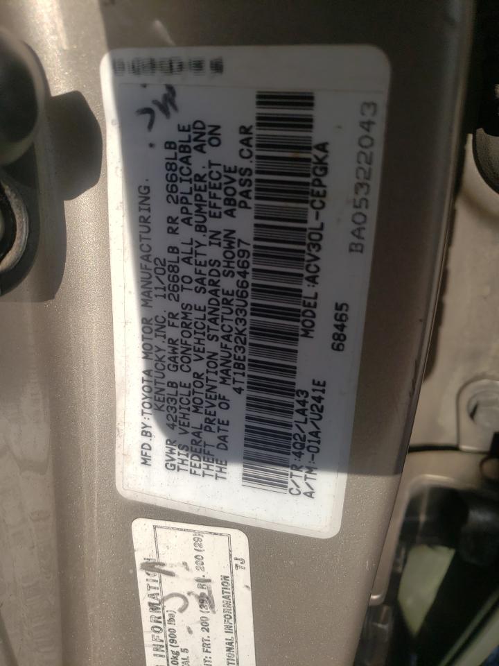 Photo 10 from auction – 2003 TOYOTA CAMRY LE with VIN 4T1BE32K33U664697