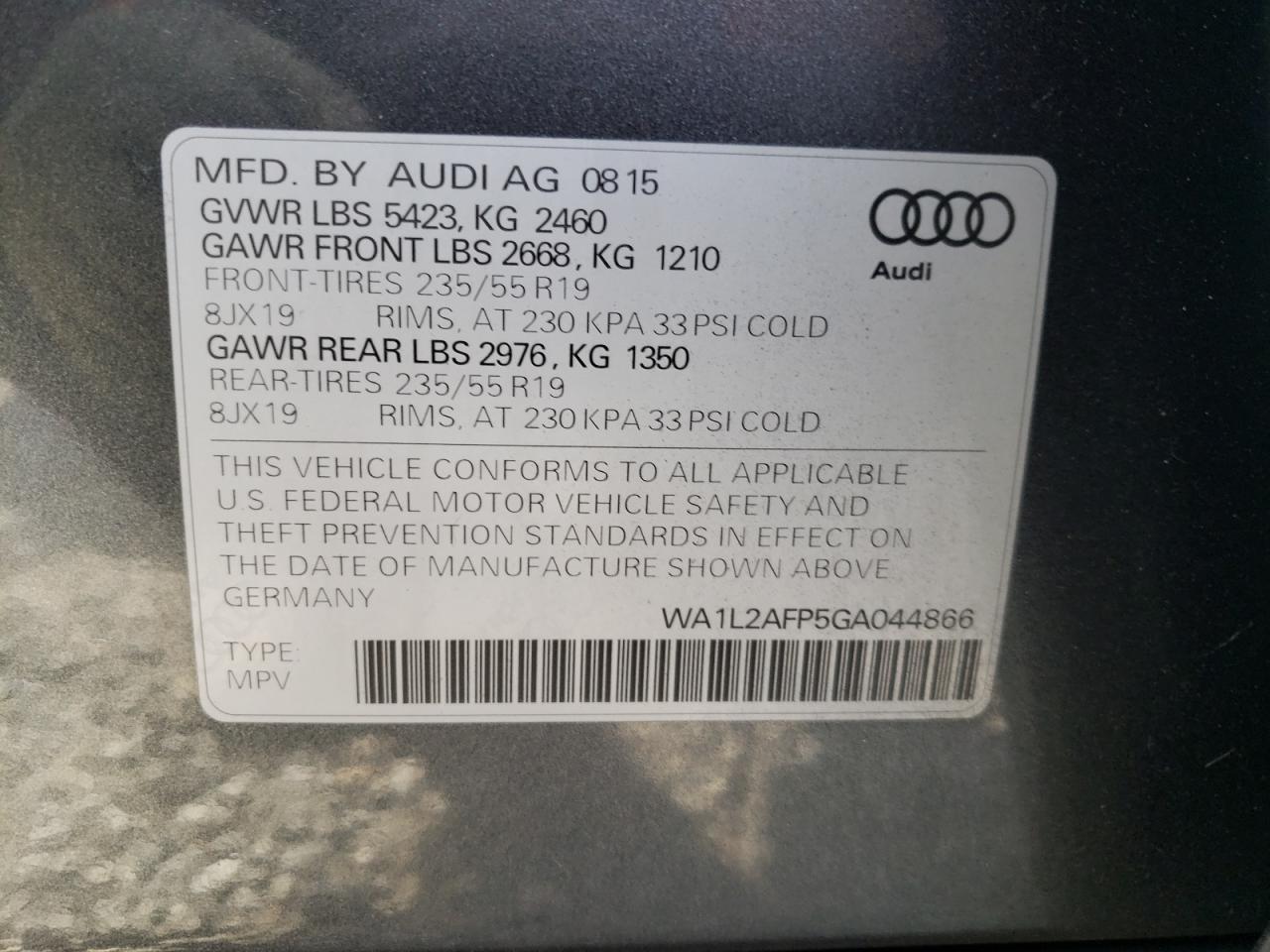Photo 10 from auction – 2016 AUDI Q5 PREMIUM with VIN WA1L2AFP5GA044866