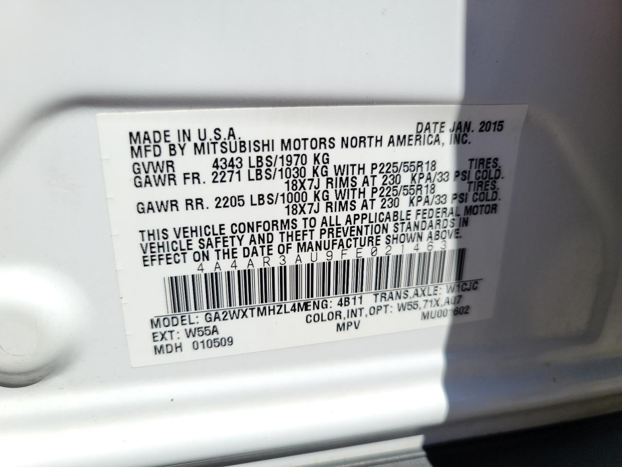 Photo 10 from auction – 2015 MITSUBISHI OUTLANDER with VIN 4A4AR3AU9FE021463