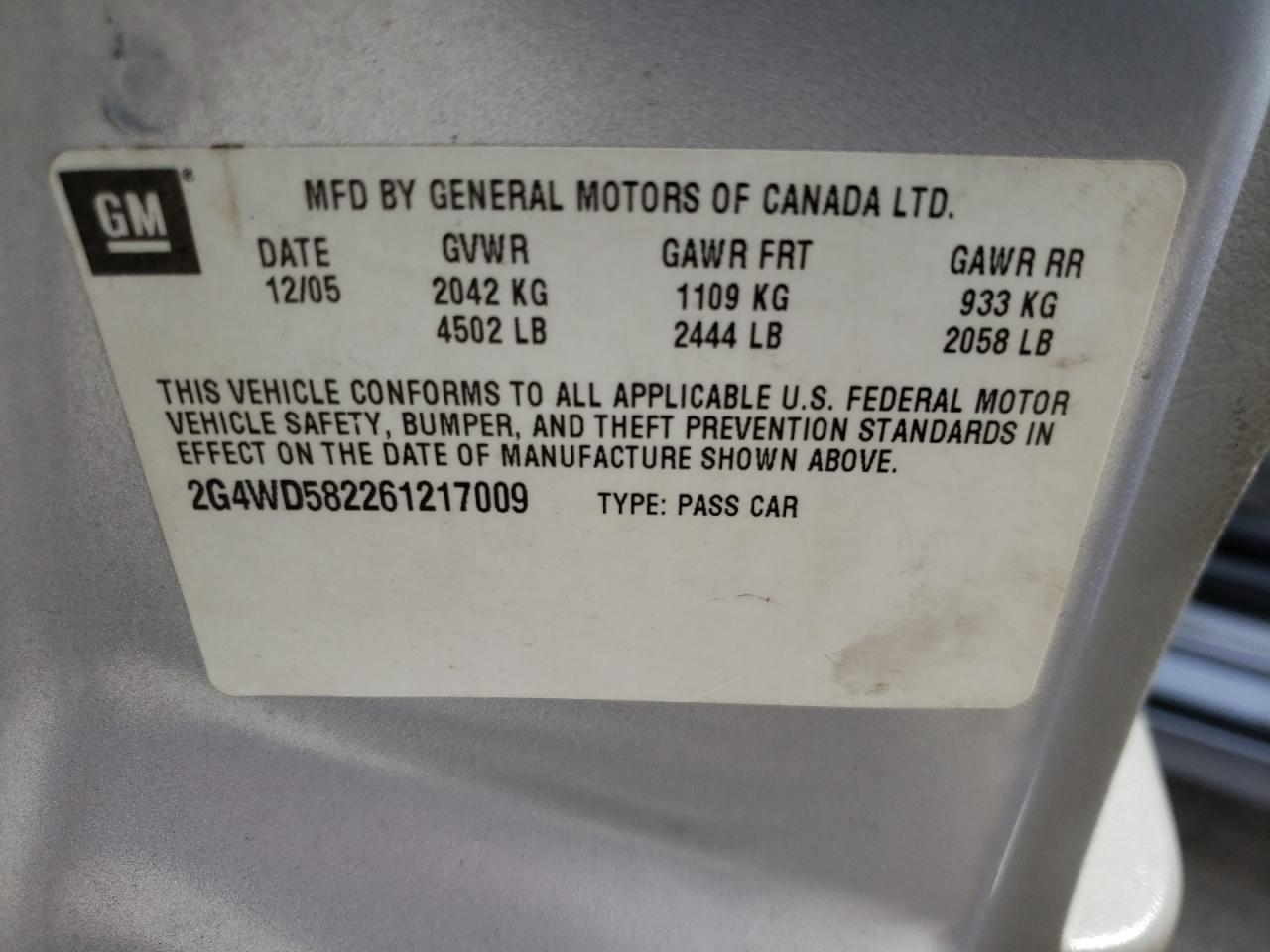 Photo 10 from auction – 2006 BUICK LACROSSE C with VIN 2G4WD582261217009