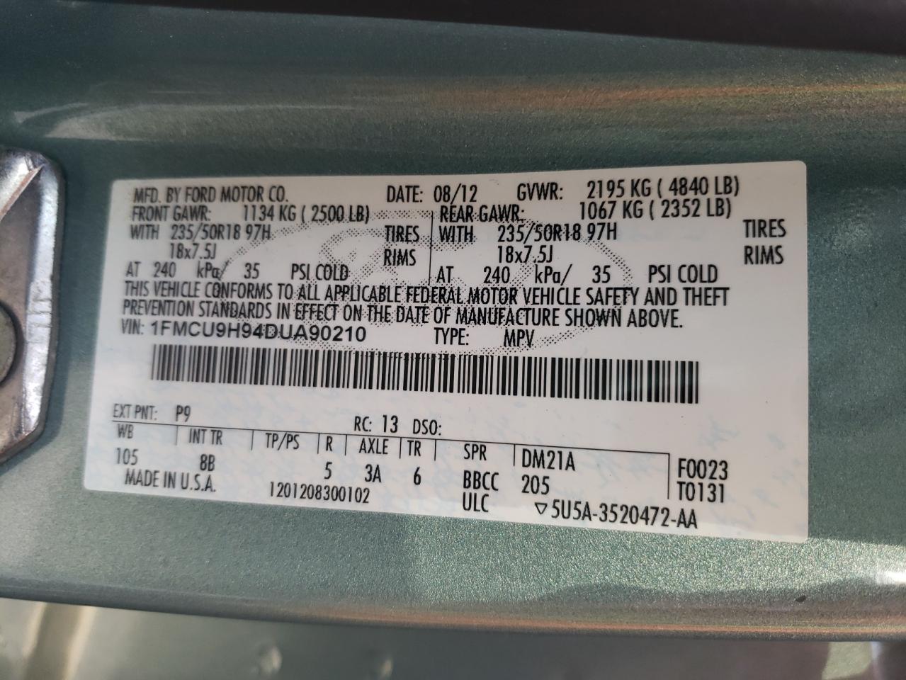 Photo 10 from auction – 2013 FORD ESCAPE SEL with VIN 1FMCU9H94DUA90210