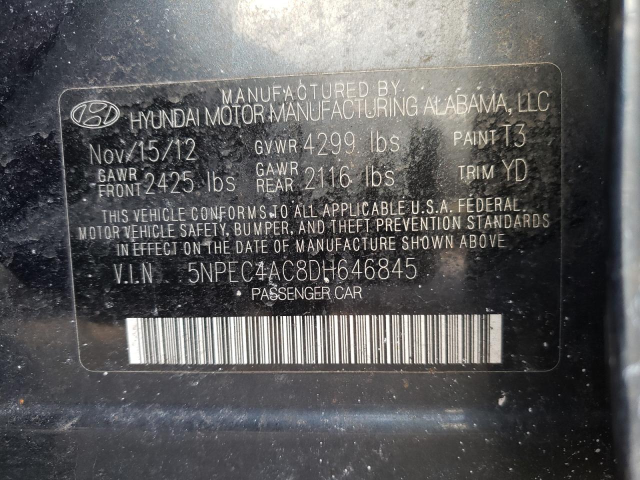 Photo 10 from auction – 2013 HYUNDAI SONATA SE with VIN 5NPEC4AC8DH646845