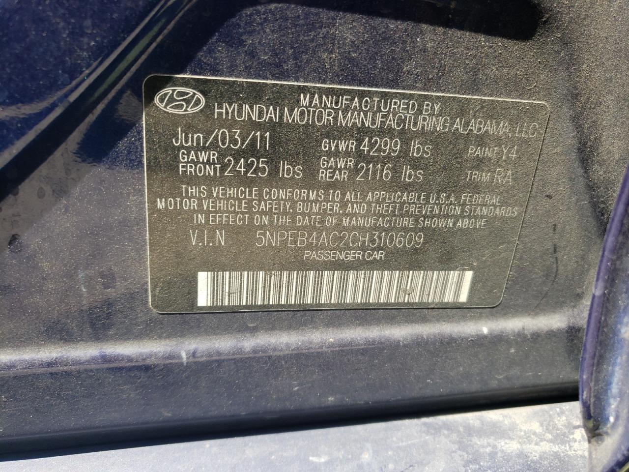 Photo 10 from auction – 2012 HYUNDAI SONATA GLS with VIN 5NPEB4AC2CH310609