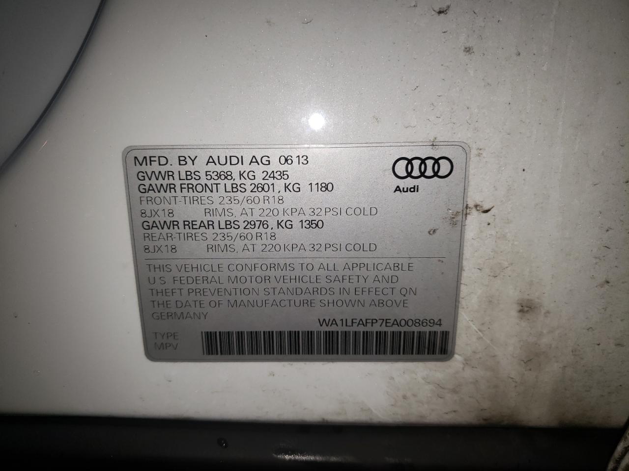Фото 10 с аукциона – 2014 AUDI Q5 PREMIUM с VIN WA1LFAFP7EA008694