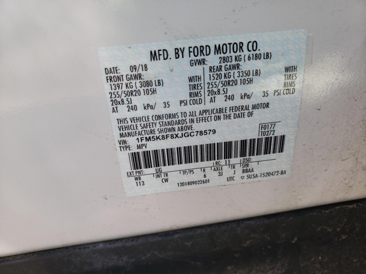 Photo 10 from auction – 2018 FORD EXPLORER L with VIN 1FM5K8F8XJGC78579