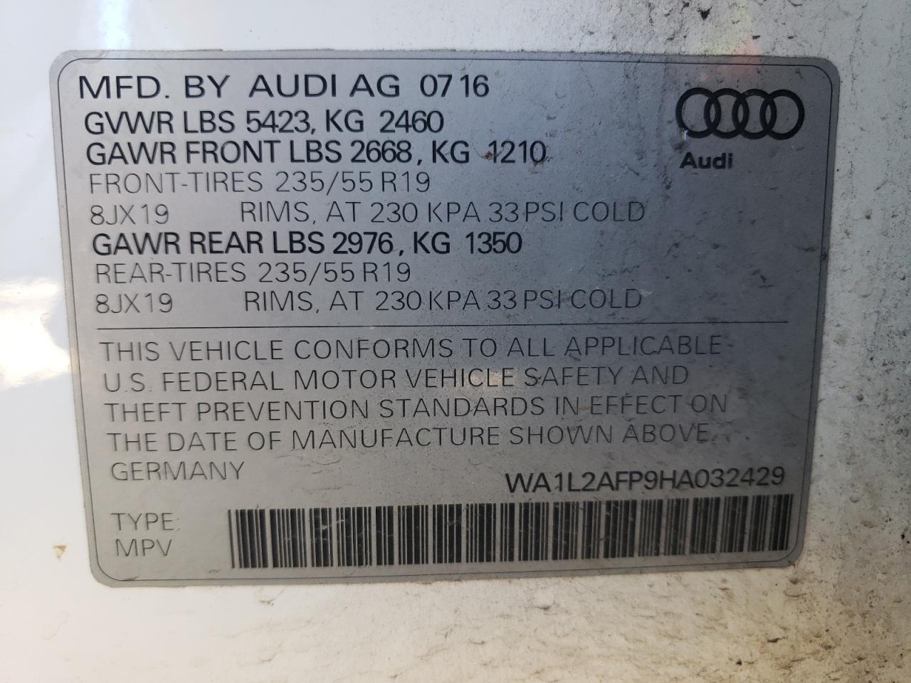 Photo 10 from auction – 2017 AUDI Q5 PREMIUM with VIN WA1L2AFP9HA032429