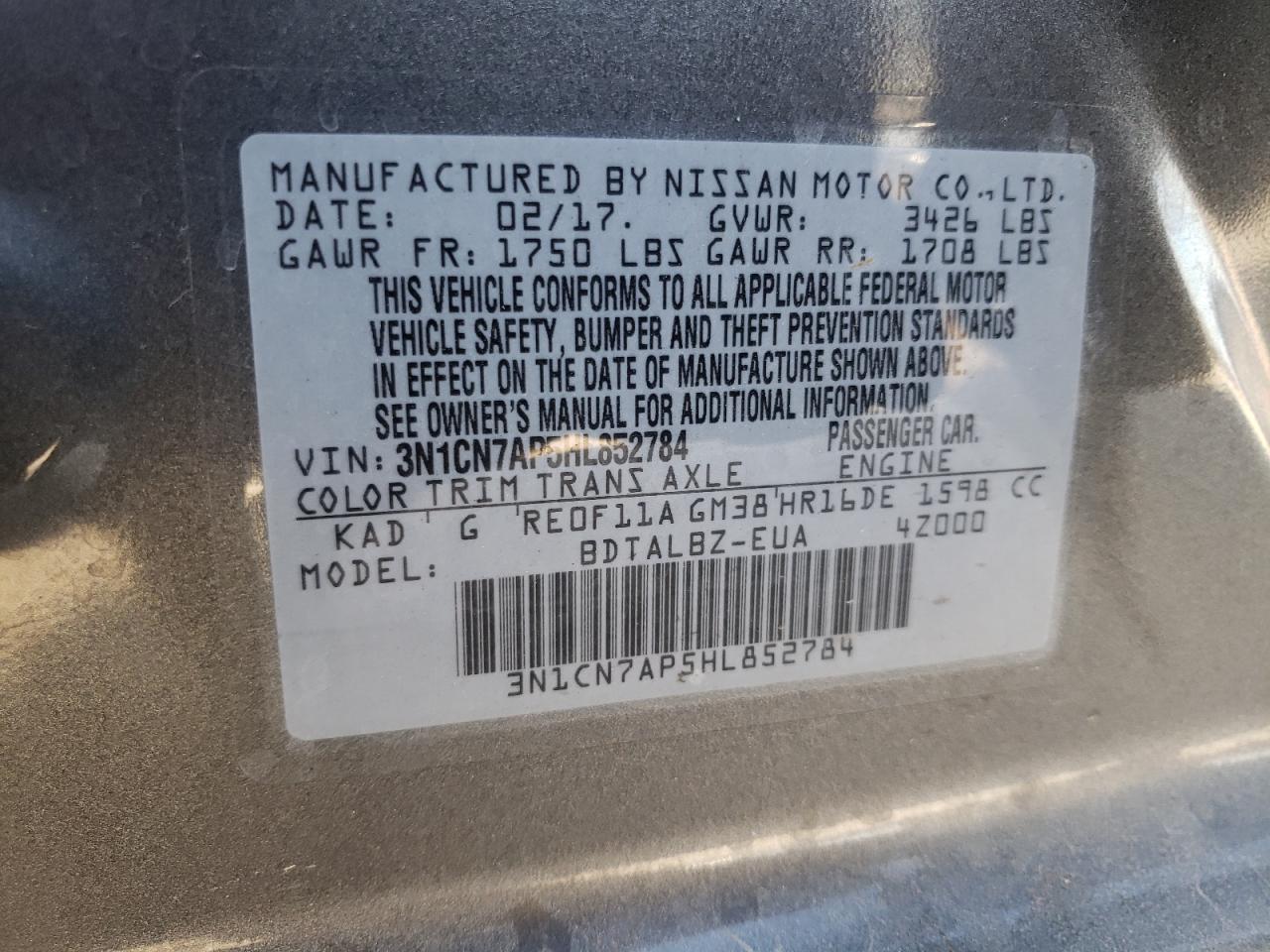 Photo 10 from auction – 2017 NISSAN VERSA S with VIN 3N1CN7AP5HL852784