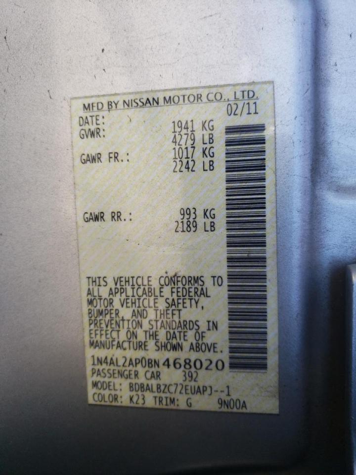 Photo 10 from auction – 2011 NISSAN ALTIMA BAS with VIN 1N4AL2AP0BN468020