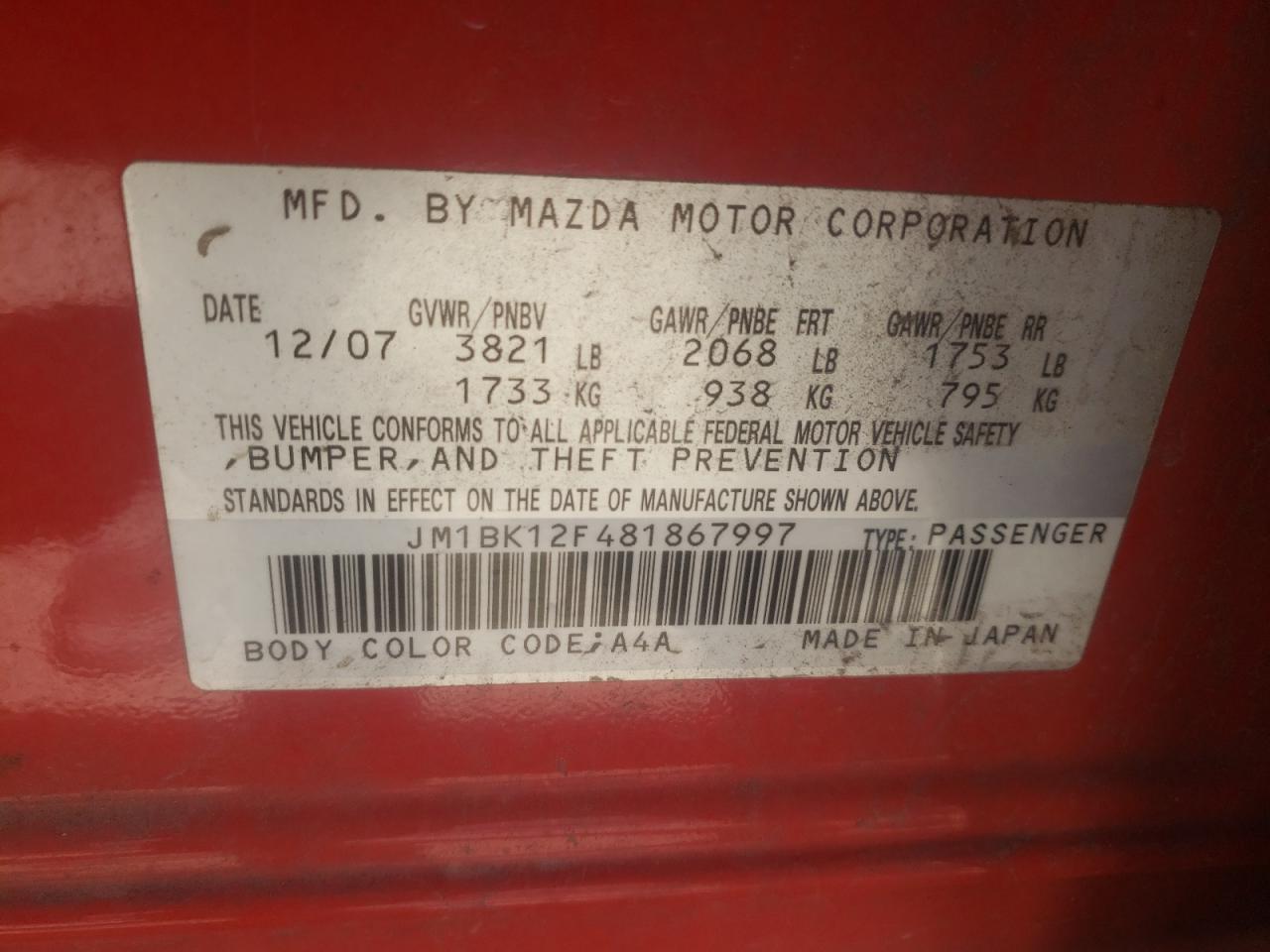 Photo 10 from auction – 2008 MAZDA 3 I with VIN JM1BK12F481867997