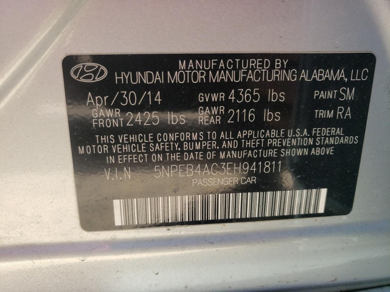 Photo 10 from auction – 2014 HYUNDAI SONATA GLS with VIN 5NPEB4AC3EH941811