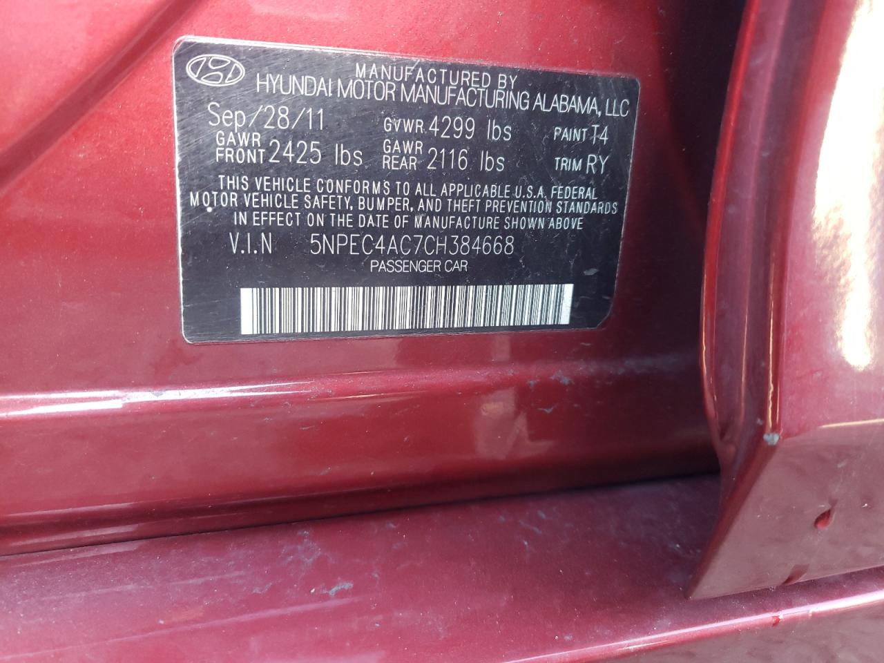 Photo 10 from auction – 2012 HYUNDAI SONATA SE with VIN 5NPEC4AC7CH384668