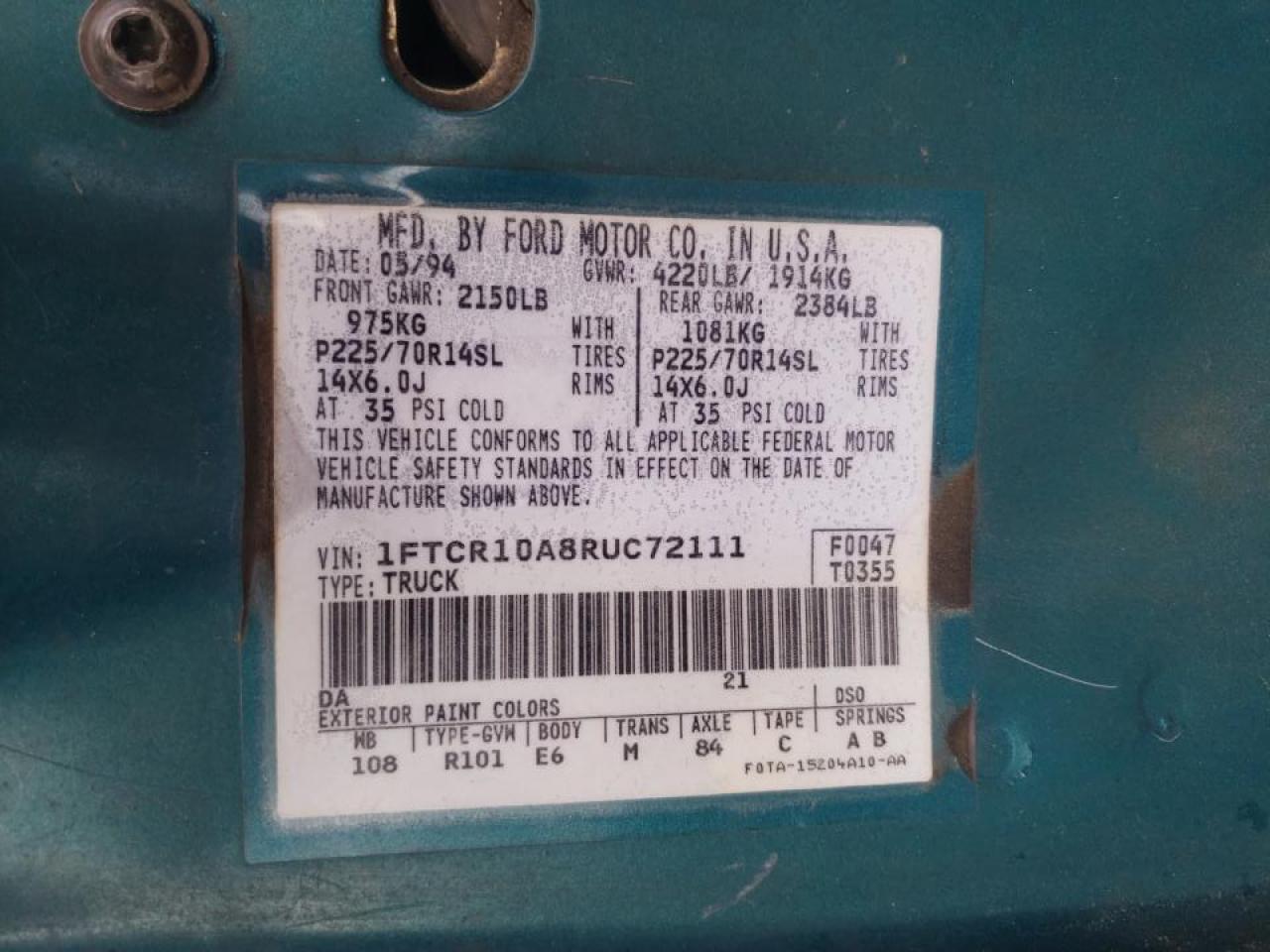 Photo 10 from auction – 1994 FORD RANGER with VIN 1FTCR10A8RUC72111