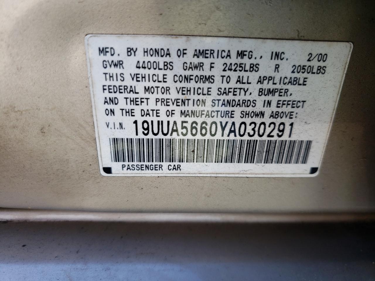 Photo 10 from auction – 2000 ACURA 3.2TL with VIN 19UUA5660YA030291