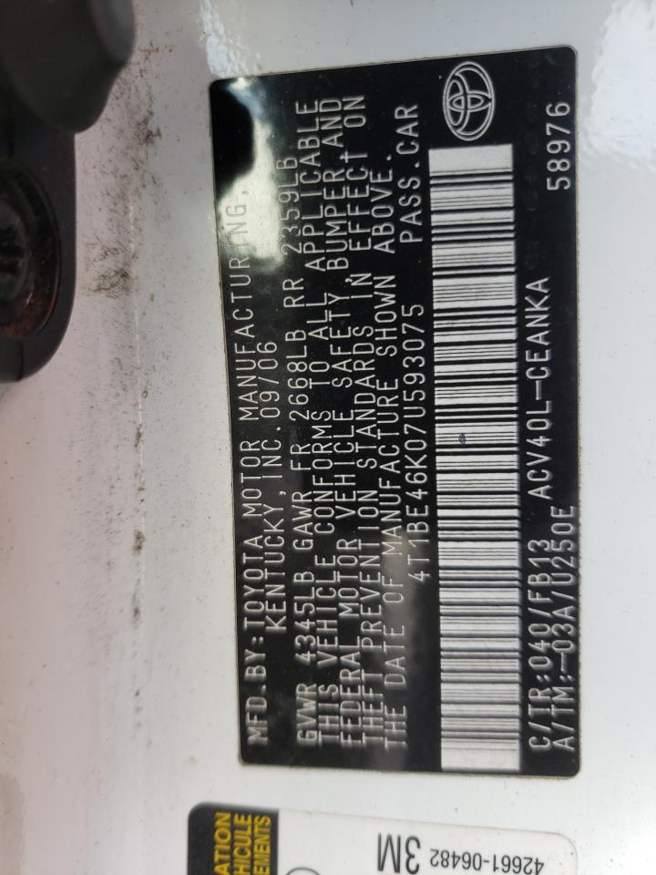 Photo 10 from auction – 2007 TOYOTA CAMRY CE with VIN 4T1BE46K07U593075