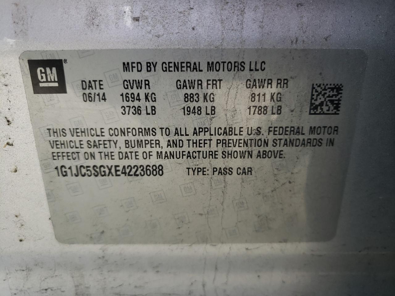 Photo 10 from auction – 2014 CHEVROLET SONIC LT with VIN 1G1JC5SGXE4223688