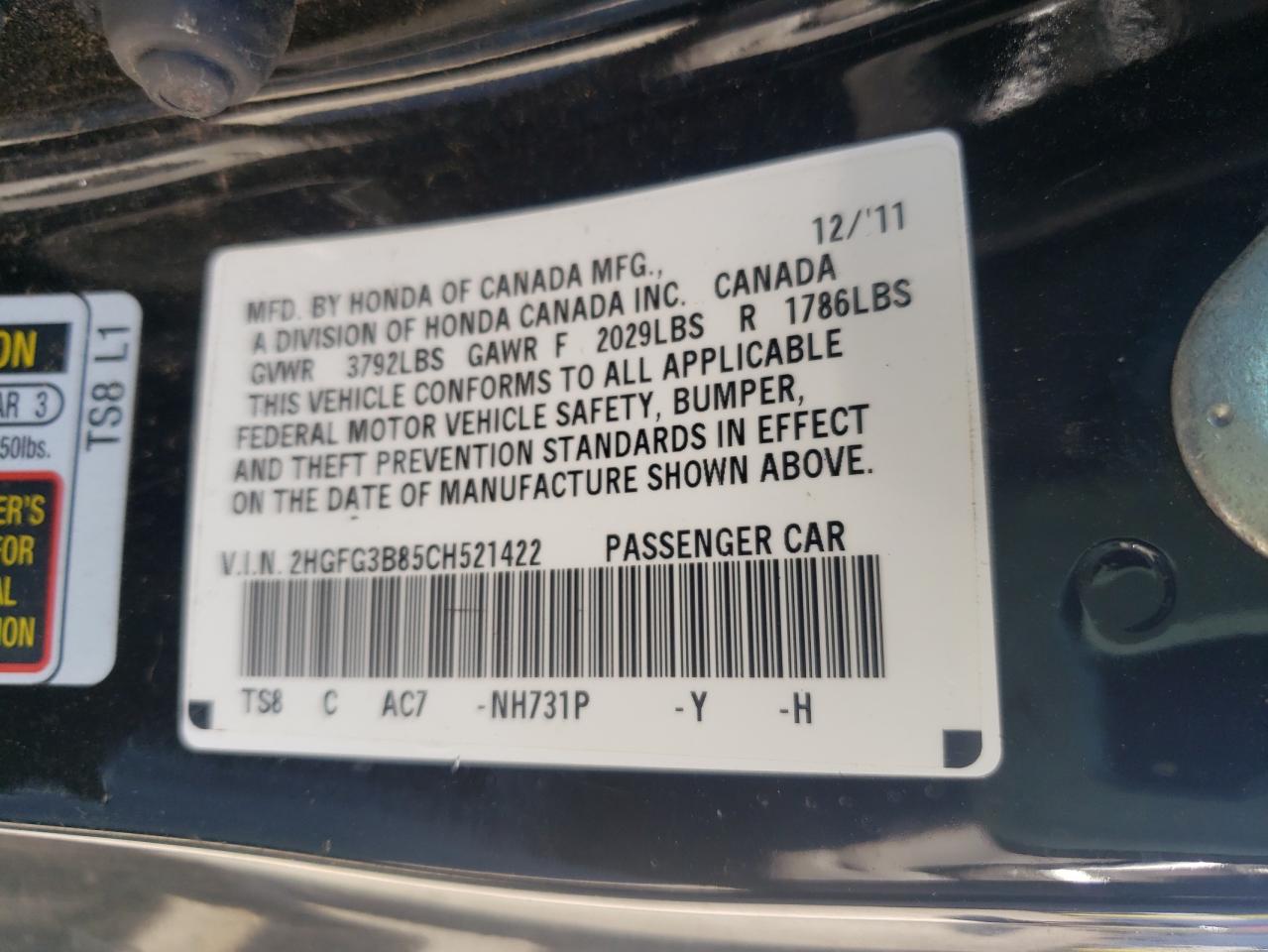 Photo 10 from auction – 2012 HONDA CIVIC EX with VIN 2HGFG3B85CH521422