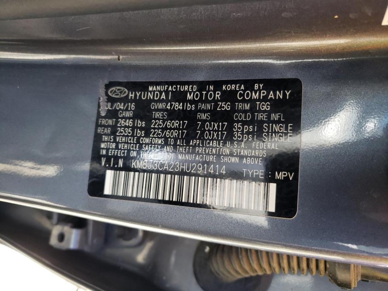 Photo 10 from auction – 2017 HYUNDAI TUCSON LIM with VIN KM8J3CA23HU291414